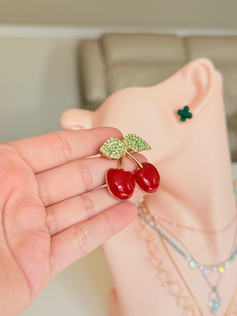 Red Cherry Crystal Enamel Brooch - Picture 7 of 7